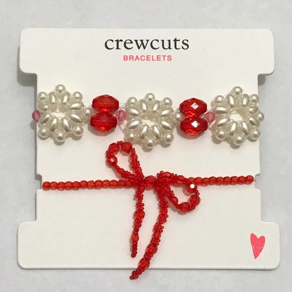 NWT Crewcuts Beaded Bracelet Set, Holiday Christmas Bow Red White J. Crew Girls